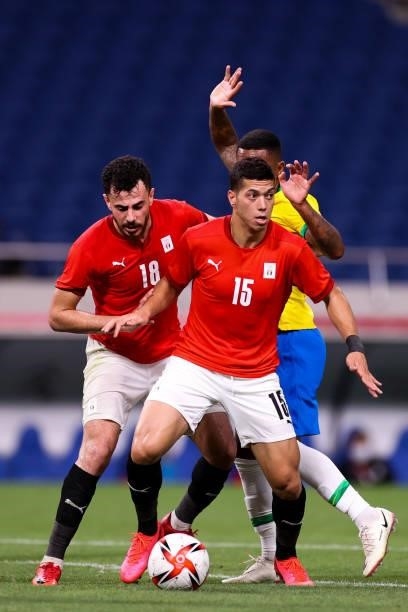 Emam Ashour of Egypt competes for the ball in the Men's Quarterfinal match between Brazil and Egypt during the Tokyo 2020 Olympic Games at Saitama...