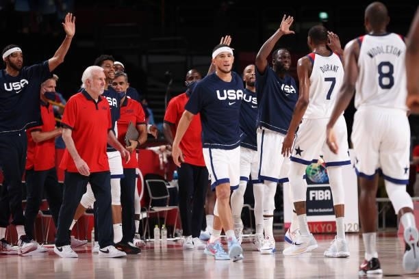 The United States Men's Basketball team celebrates after defeating the Czech Republic in a Men's Basketball Preliminary Round Group A game on day...
