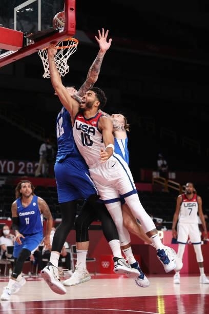 Jayson Tatum of Team United States drives to the basket against Ondrej Balvin of Team Czech Republicduring the second half of a Men's Basketball...