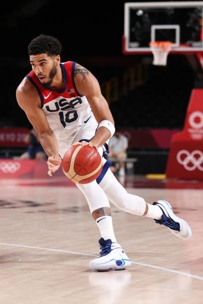 Jayson Tatum of Team United States drives to the basket against Czech Republic during the second half of a Men's Basketball Preliminary Round Group A...