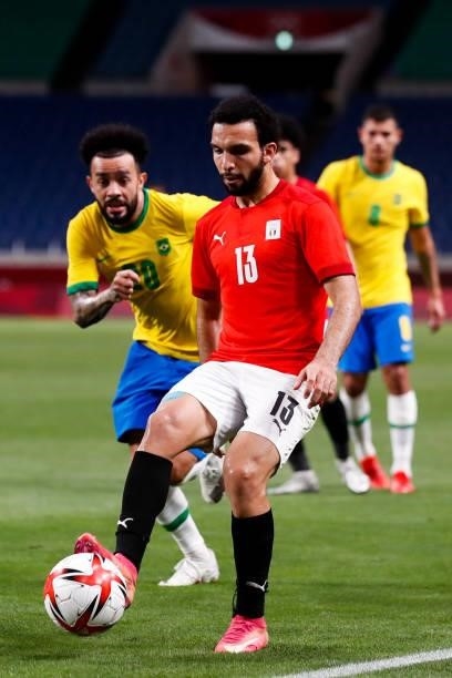 Karim Eraky of Egypt competes for the ball in the Men's Quarterfinal match between Brazil and Egypt during the Tokyo 2020 Olympic Games at Saitama...