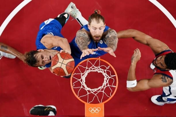 Jan Vesely and Patrik Auda of Team Czech Republic go up for a rebound against the United States during the second half of a Men's Basketball...