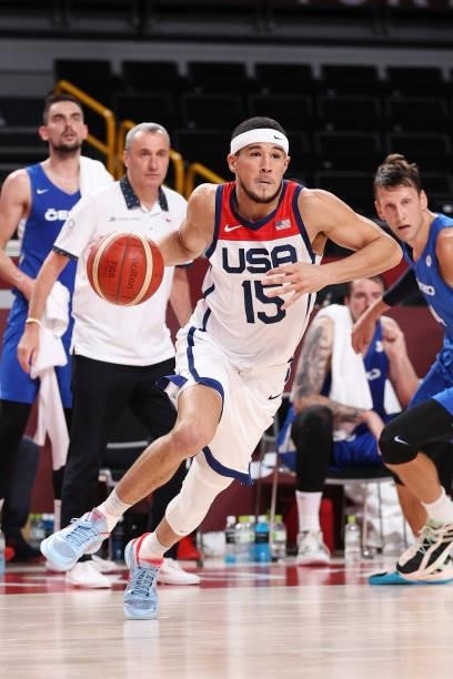 Devin Booker of Team United States drives to the basket against Czech Republic during the second half of a Men's Basketball Preliminary Round Group A...
