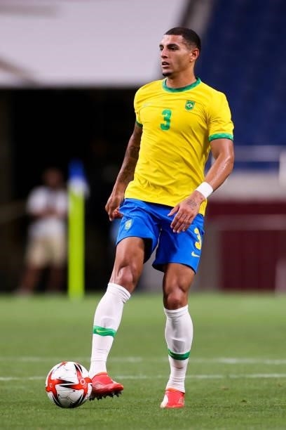Diego Carlos of Brazil comtrols the ball in the Men's Quarterfinal match between Brazil and Egypt during the Tokyo 2020 Olympic Games at Saitama...