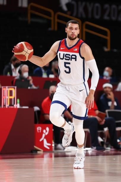Zachary Lavine of Team United States brings the ball up court against Czech Republic during the second half of a Men's Basketball Preliminary Round...
