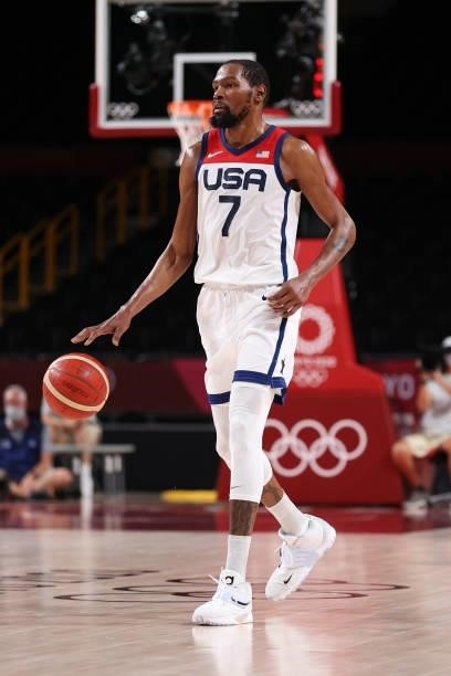 Kevin Durant of Team United States brings the ball up court against Czech Republic during the second half of a Men's Basketball Preliminary Round...