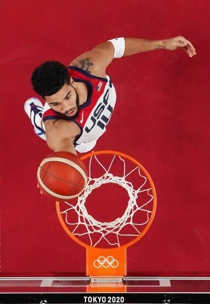 Jayson Tatum of Team United States goes up for a layup against Czech Republic during the second half of a Men's Basketball Preliminary Round Group A...