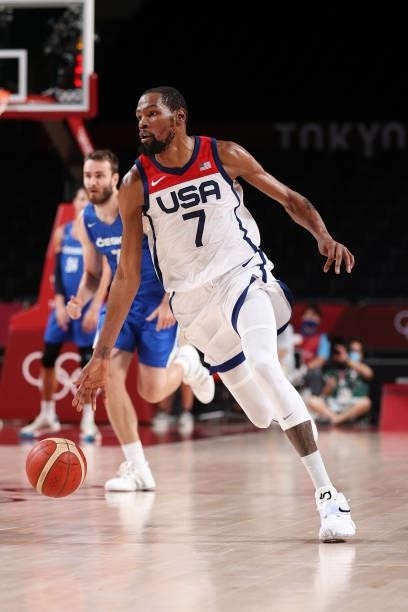 Kevin Durant of Team United States brings the ball up court against Czech Republic during the second half of a Men's Basketball Preliminary Round...