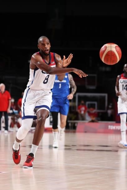 Khris Middleton of Team United States passes the ball against Czech Republic during the second half of a Men's Basketball Preliminary Round Group A...