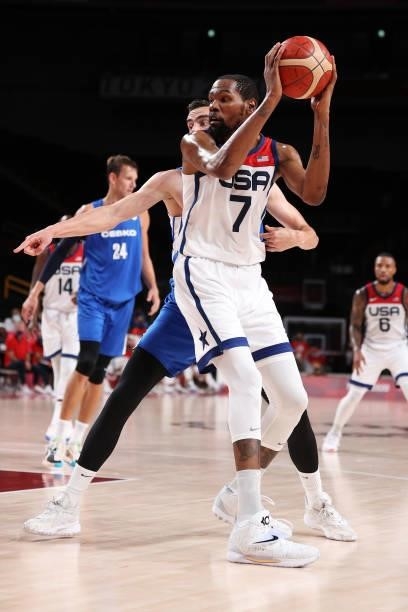 Kevin Durant of Team United States looks to pass against Czech Republic during the second half of a Men's Basketball Preliminary Round Group A game...