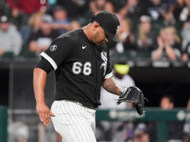 Jose Ruiz of the Chicago White Sox reacts after pitching in the eighth inning against the Cleveland Indians at Guaranteed Rate Field on July 30, 2021...