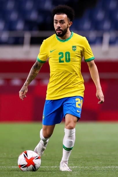 Claudinho of Brazil controls the ball in the Men's Quarterfinal match between Brazil and Egypt during the Tokyo 2020 Olympic Games at Saitama Stadium...