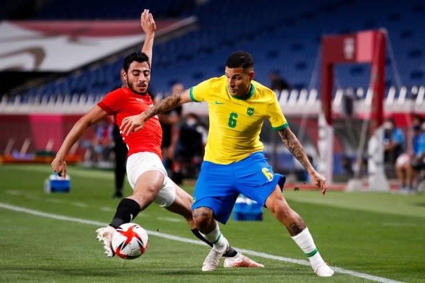 Guilherme Arana of Brazil competes for the ball in the Men's Quarterfinal match between Brazil and Egypt during the Tokyo 2020 Olympic Games at...