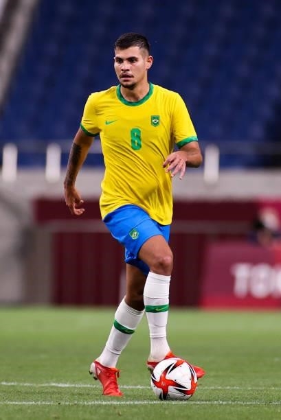 Bruno Guimaraes of Brazil controls the ball in the Men's Quarterfinal match between Brazil and Egypt during the Tokyo 2020 Olympic Games at Saitama...