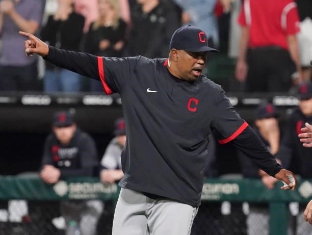 Interim Manager DeMarlo Hale of the Cleveland Indians walks to the mound to remove James Karinchak during the eighth inning of a game against the...