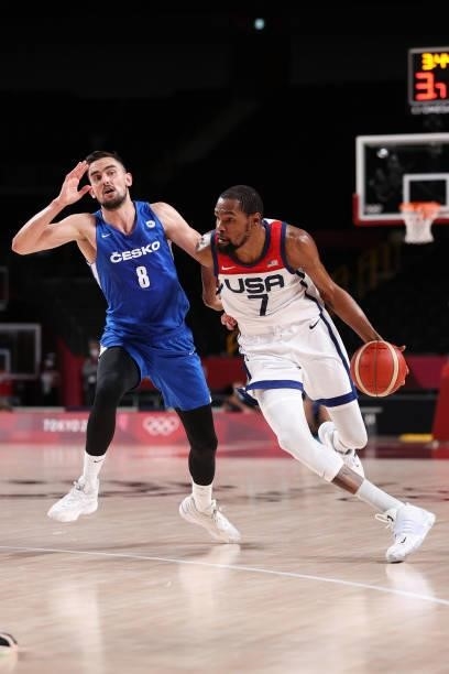Kevin Durant of Team United States drives to the basket against Tomas Satoransky of Team Czech Republic during the second half of a Men's Basketball...