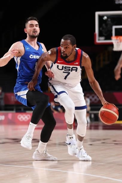 Kevin Durant of Team United States drives to the basket against Tomas Satoransky of Team Czech Republic during the second half of a Men's Basketball...