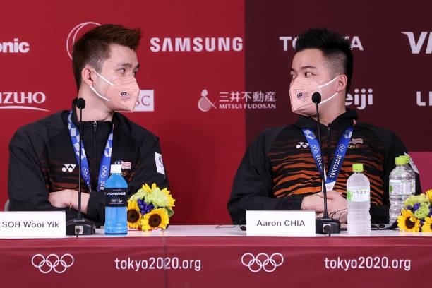Bronze medalists Aaron Chia and Soh Wooi Yik of Team Malaysia attend the press conference on day eight of the Tokyo 2020 Olympic Games at Musashino...