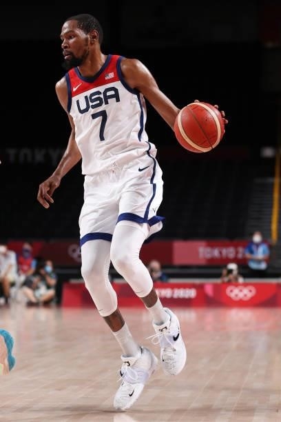Kevin Durant of Team United States drives to the basket against Czech Republic during the second half of a Men's Basketball Preliminary Round Group A...