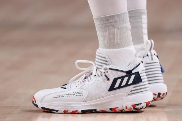 Detail photograph of the shoes of Damian Lillard of Team United States during the second half of a Men's Basketball Preliminary Round Group A game...