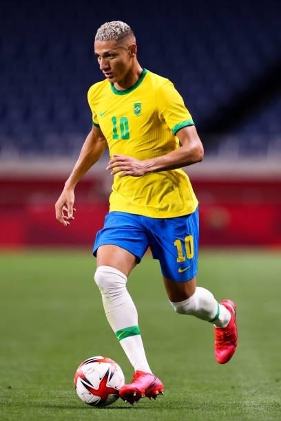Richarlison of Brazil controls the ball in the Men's Quarterfinal match between Brazil and Egypt during the Tokyo 2020 Olympic Games at Saitama...