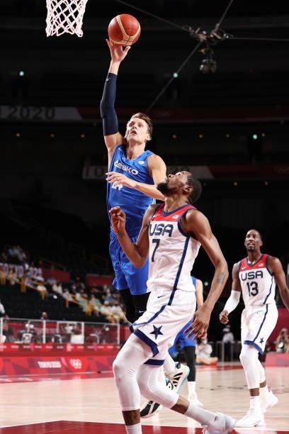 Jan Vesely of Team Czech Republic drives to the basket against Kevin Durant of Team United States during the second half of a Men's Basketball...