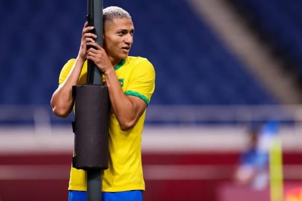 Richarlison of Brazil looks on in the Men's Quarterfinal match between Brazil and Egypt during the Tokyo 2020 Olympic Games at Saitama Stadium on...