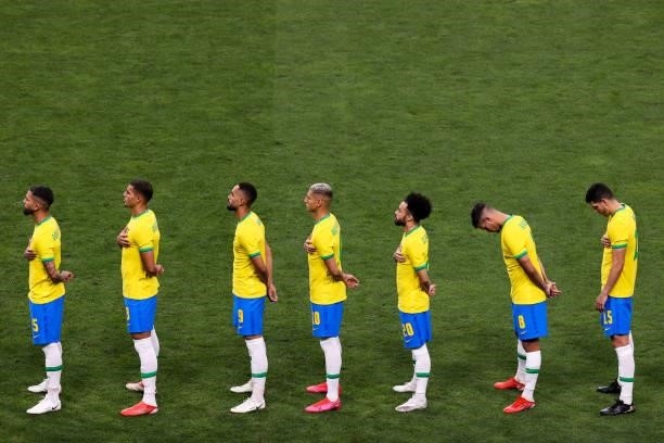 Players of Brazil line up in the Men's Quarterfinal match between Brazil and Egypt during the Tokyo 2020 Olympic Games at Saitama Stadium on July 31,...