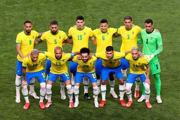 Players of Brazil line up in the Men's Quarterfinal match between Brazil and Egypt during the Tokyo 2020 Olympic Games at Saitama Stadium on July 31,...