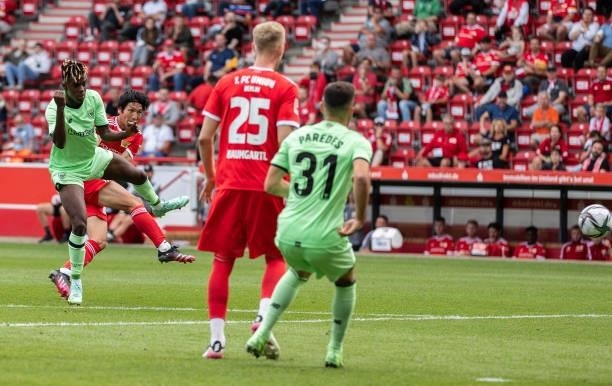 Genki Haraguchi of 1.FC Union Berlin scores his team's first goal during the pre-season friendly match between 1. FC Union Berlin and Athletic Bilbao...