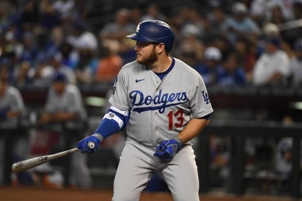 Max Muncy of the Los Angeles Dodgers gets ready in the batters box against the Arizona Diamondbacks at Chase Field on July 30, 2021 in Phoenix,...