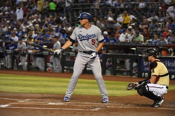 Corey Seager of the Los Angeles Dodgers gets ready in the batters box against the Arizona Diamondbacks at Chase Field on July 30, 2021 in Phoenix,...