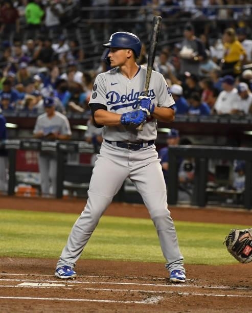 Corey Seager of the Los Angeles Dodgers gets ready in the batters box against the Arizona Diamondbacks at Chase Field on July 30, 2021 in Phoenix,...