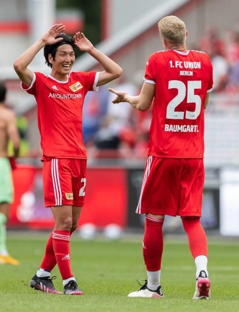 Both goal scorer, Genki Haraguchi of 1.FC Union Berlin and Timo Baumgartl of 1.FC Union Berlin celebrate after winning the pre-season friendly match...