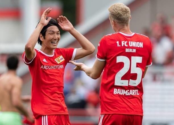 Both goal scorer, Genki Haraguchi of 1.FC Union Berlin and Timo Baumgartl of 1.FC Union Berlin celebrate after winning the pre-season friendly match...