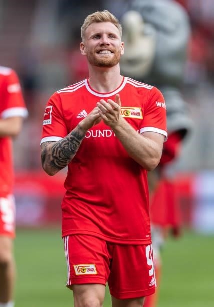 Andreas Voglsammer of 1.FC Union Berlin celebrates with his fans after winning the pre-season friendly match between 1. FC Union Berlin and Athletic...