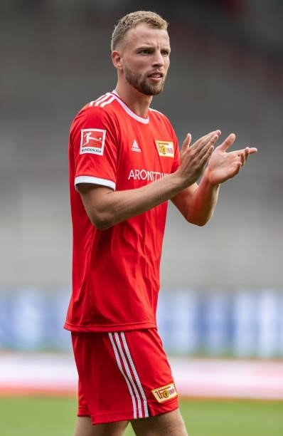 Marvin Friedrich of 1.FC Union Berlin celebrates with his fans after winning the pre-season friendly match between 1. FC Union Berlin and Athletic...