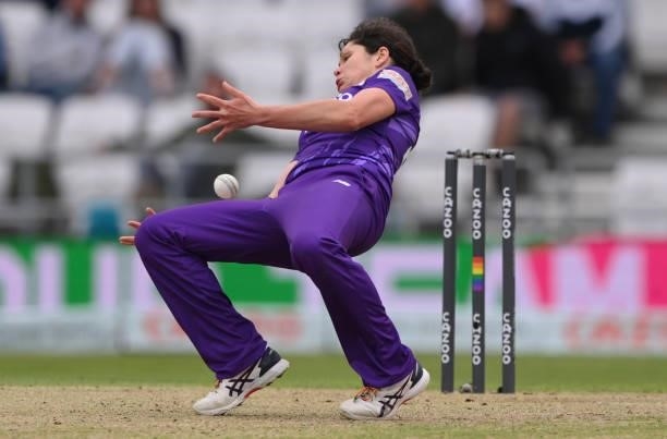 Superchargers bowler Alice Davidson-Richards reacts as she drops a difficult return catch off her own bowling during The Hundred match between...