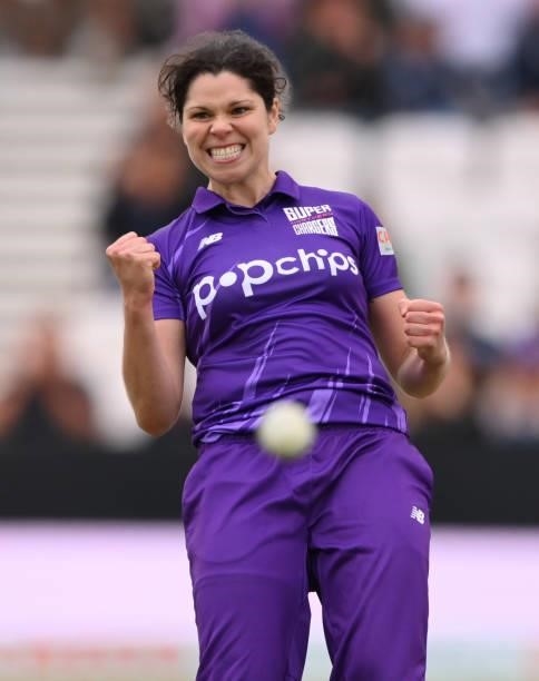Superchargers bowler Alice Davidson-Richards celebrates after taking the wicket of Sarah Bryce during The Hundred match between Northern...