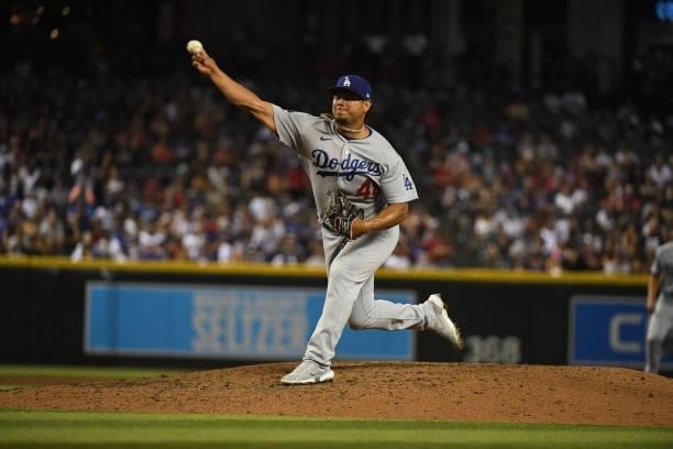 Brusdar Graterol of the Los Angeles Dodgers delivers a pitch against the Arizona Diamondbacks at Chase Field on July 30, 2021 in Phoenix, Arizona.