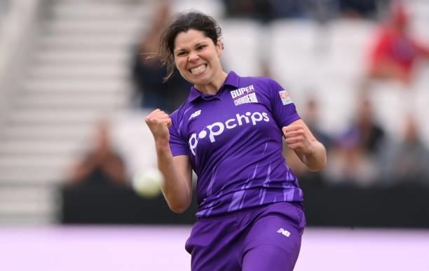 Superchargers bowler Alice Davidson-Richards celebrates after taking the wicket of Sarah Bryce during The Hundred match between Northern...