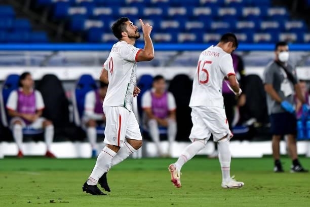 Henry Martin of Mexico celebrates after scoring his side's first goal during the Men's Football Tournament Quarter Final match between South Korea...
