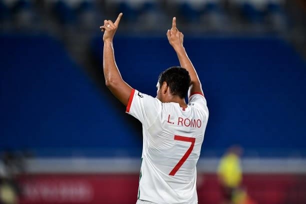 Luis Romo of Mexico celebrates after scoring his sides second goal during the Men's Football Tournament Quarter Final match between South Korea and...