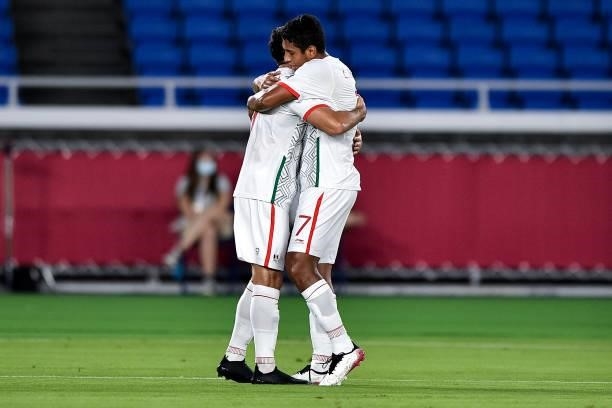 Henry Martin of Mexico celebrates with Luis Romo of Mexico after scoring his sides first goal during the Men's Football Tournament Quarter Final...