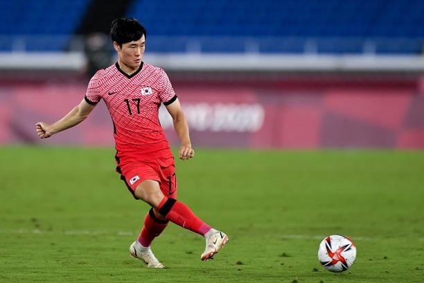 Won-sang Um of South Korea during the Men's Football Tournament Quarter Final match between South Korea and Mexico on day 8 of the Tokyo 2020 Olympic...