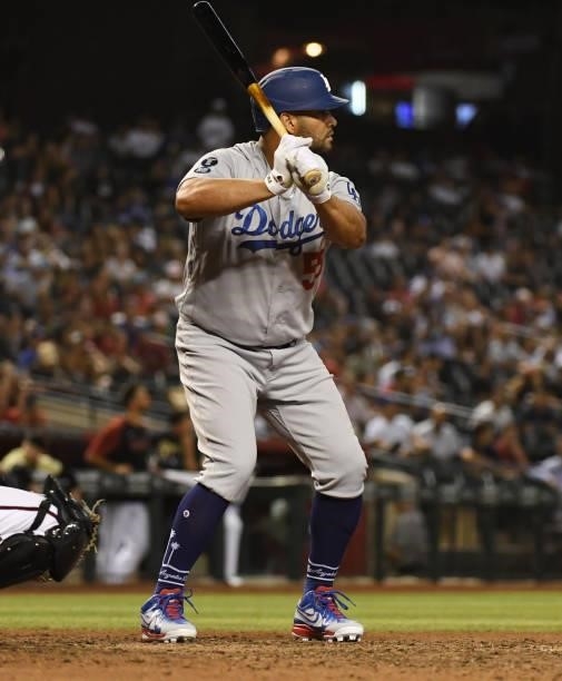 Albert Pujols of the Los Angeles Dodgers gets ready in the batters box against the Arizona Diamondbacks at Chase Field on July 30, 2021 in Phoenix,...