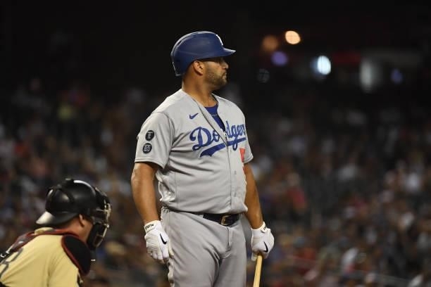 Albert Pujols of the Los Angeles Dodgers gets ready in the batters box against the Arizona Diamondbacks at Chase Field on July 30, 2021 in Phoenix,...