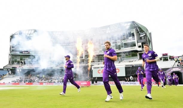 David Willey of Northern Superchargs leads his players onto the pitch during The Hundred match between Northern Superchargers Men and Oval...