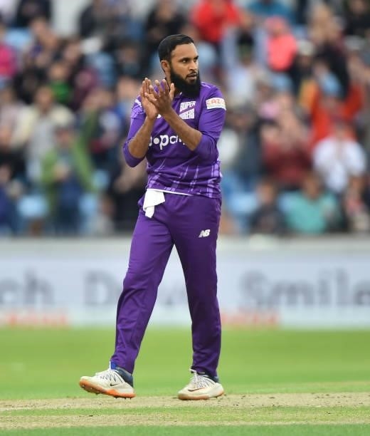 Adil Rashid of Northern Superchargs celebrates after getting Colin Ingram of Oval Invincibles out during The Hundred match between Northern...