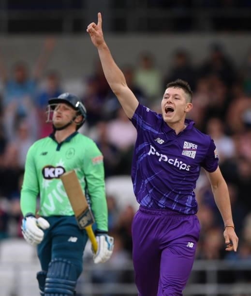 Superchargers bowler Matthew Potts celebrates after bowling Sam Billings during The Hundred match between Northern Superchargers Men and Oval...